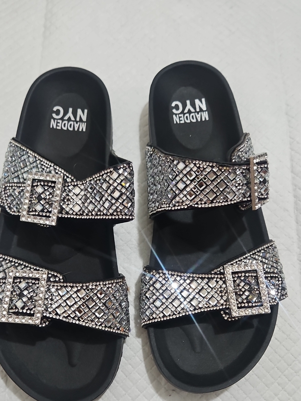 Madden NYC Silver Rhinestone Embellished Slide Sandals - Women's Sz 9.5
